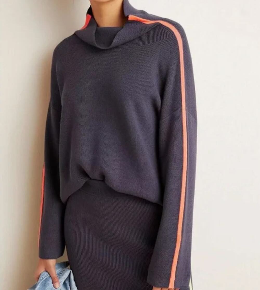 Anthropologie Grey Ribbed Neon Trim Accent Pullover Sweater